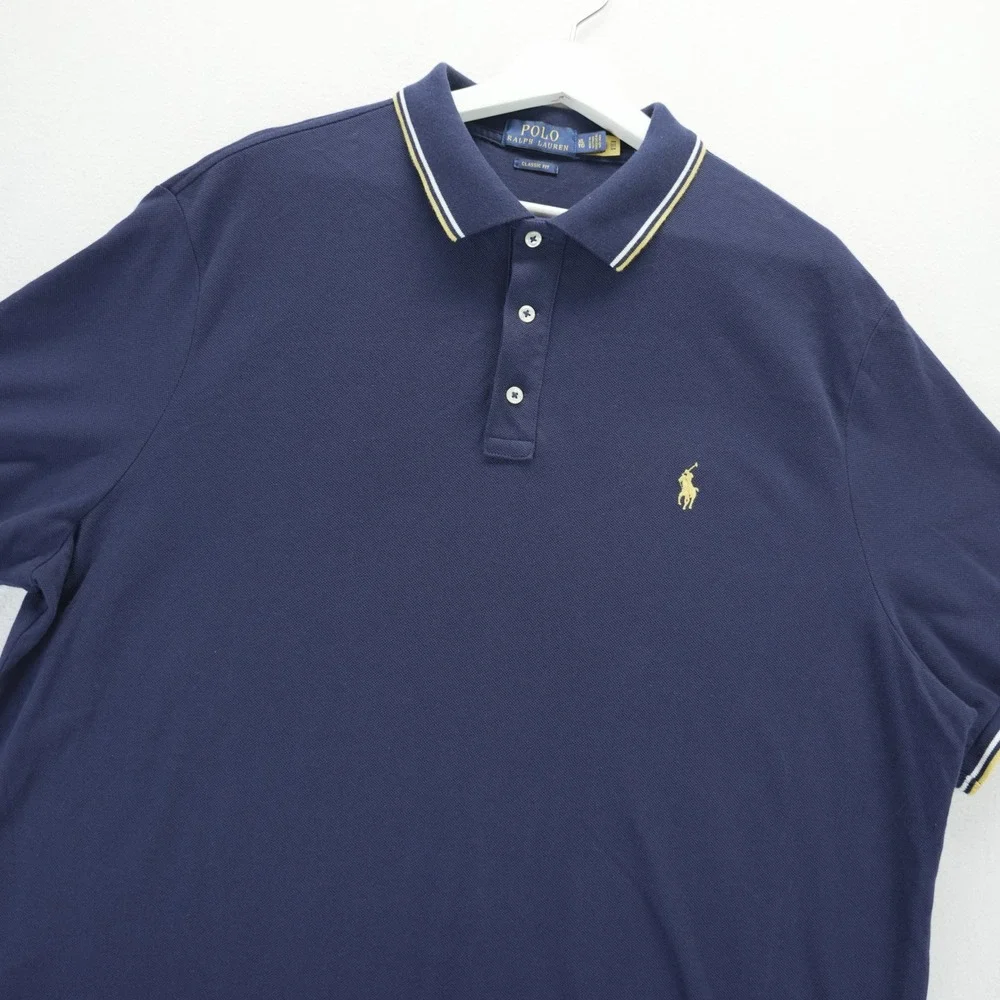 Polo Ralph Lauren Mens XL Classic Fit Navy Blue Tipped Polo Shirt Yellow Pony